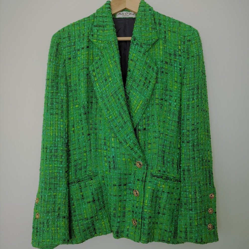 multigreen textured wool skirt suit 90s vintage